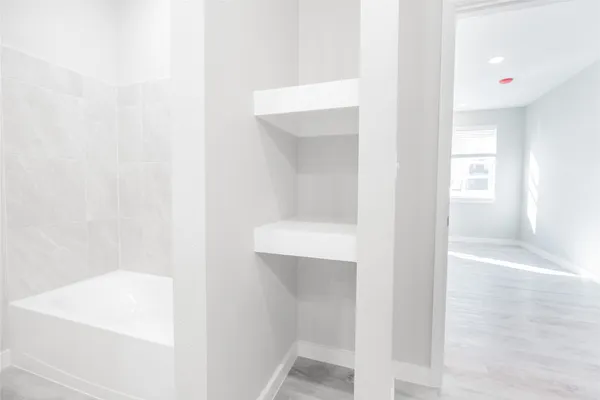 a bathroom with a bathtub