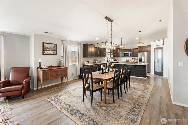a view of a dining room with furniture