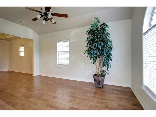 an empty room with a potted plant and a large window