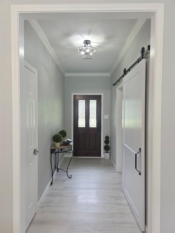 520 Red River Road Belton, TX 76513 - Photo 6 of 36 Entryway featuring light wood-finish flooring, crown molding, and a dark wood front door with decorative glass inserts