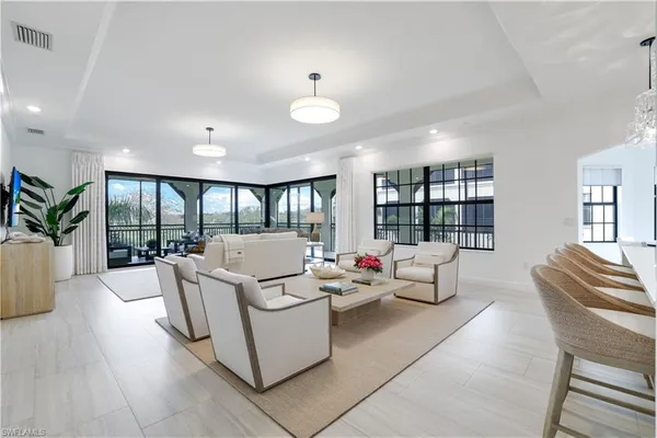 a living room with furniture large window and outer view