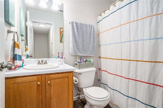a bathroom with a sink a toilet and shower curtain