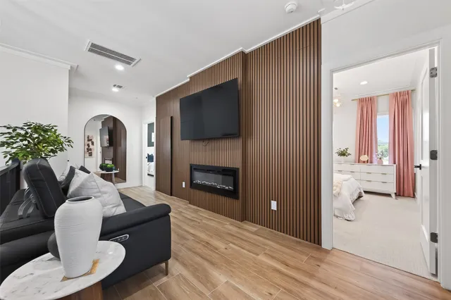 a room with a fireplace