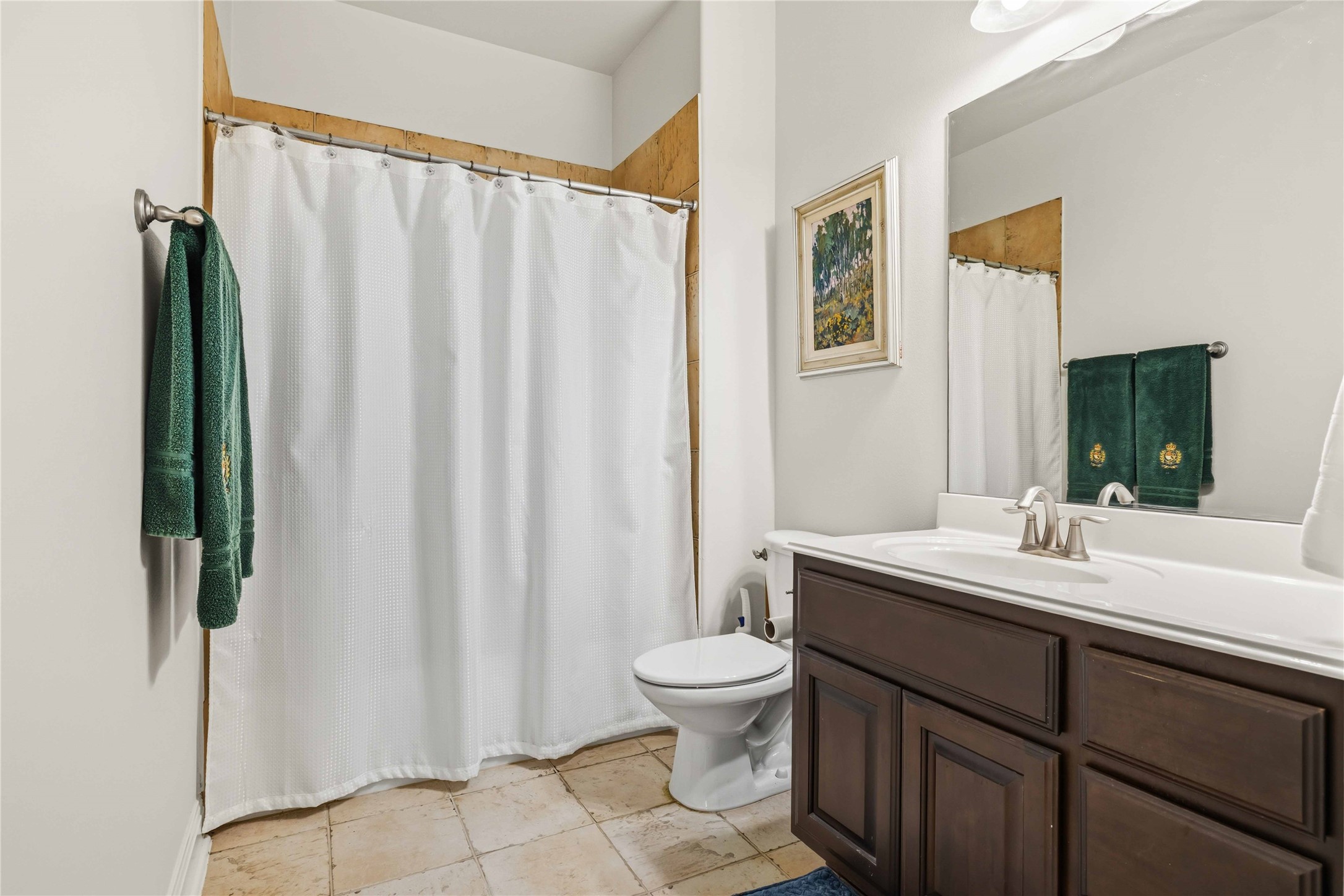 15200 Spillman Ranch Loop Austin, TX 78738 - Photo 28 of 40 The bathroom features a vanity with a white countertop and a mirror, a toilet, and a shower area with a white shower curtain