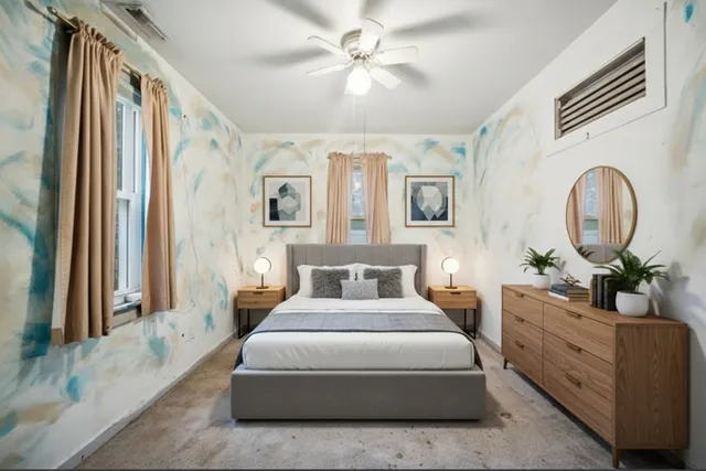 a bedroom with a large bed and a chandelier