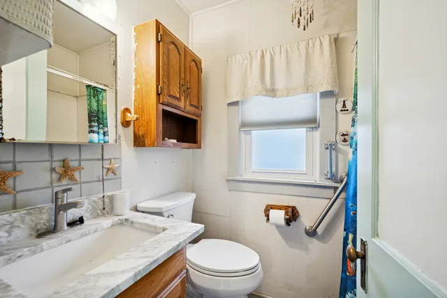 a bathroom with a sink a toilet and a mirror