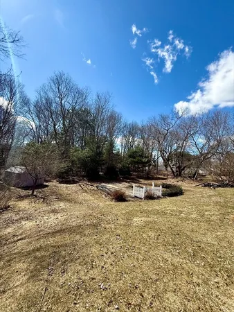 a view of a house with a yard and large tree