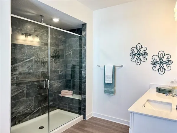 a bathroom with a shower and a sink