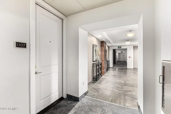 a hallway with windows