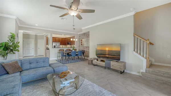 a view of a dining room with furniture window and outside view