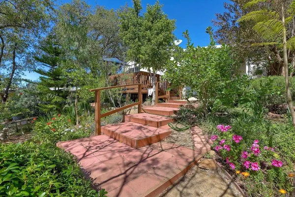 a view of a backyard with sitting area