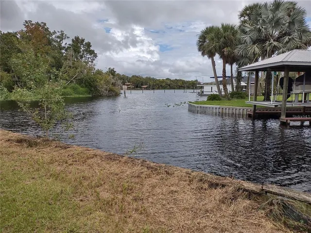 a view of a lake with houses in the back