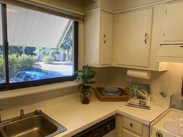 18 Canvasback Cove, Unit 122 Georgetown, SC 29440 - Photo 6 of 32 Kitchen featuring light countertops, premium range hood, white dishwasher, white cabinetry, and washer / dryer