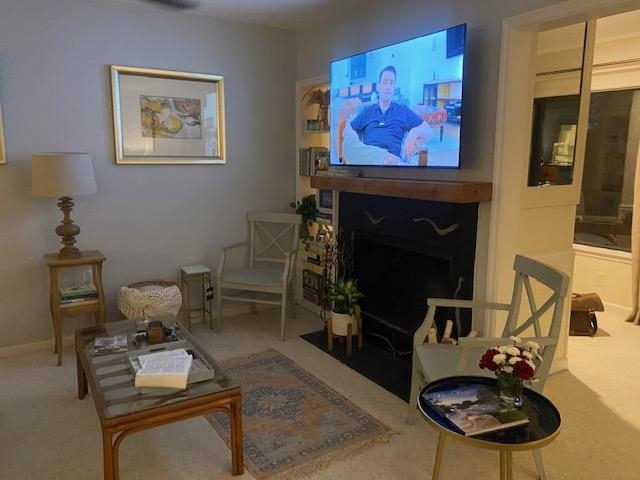 18 Canvasback Cove, Unit 122 Georgetown, SC 29440 - Photo 7 of 32 Living area with carpet and a fireplace with flush hearth