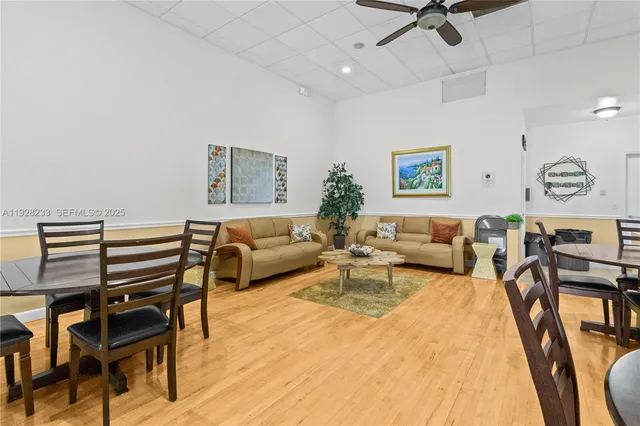 a view of a dining room with furniture