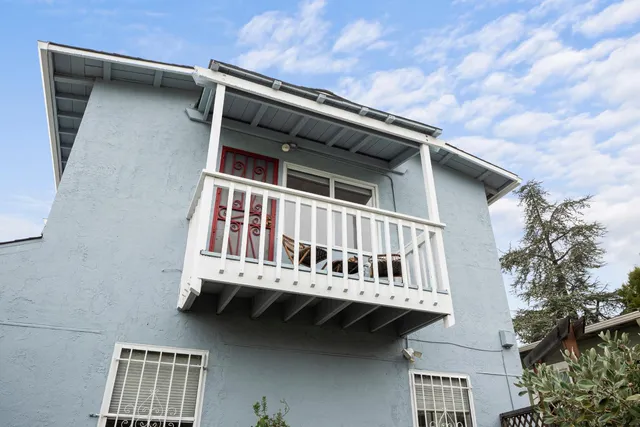 a view of a garden with large trees
