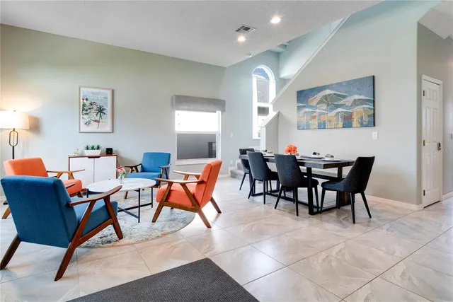 a view of a dining room with furniture