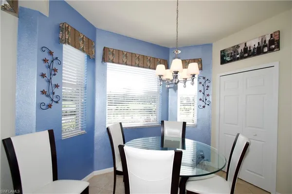 a view of a dining room with furniture window and outside view