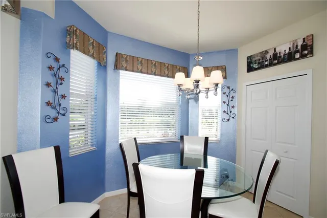 a view of a dining room with furniture window and outside view