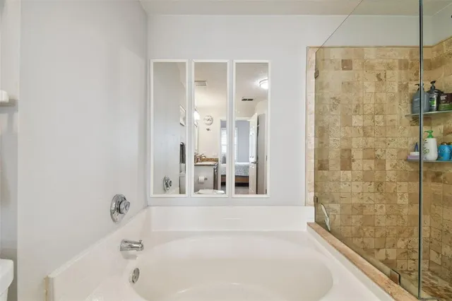 a bathroom with a bathtub and a shower