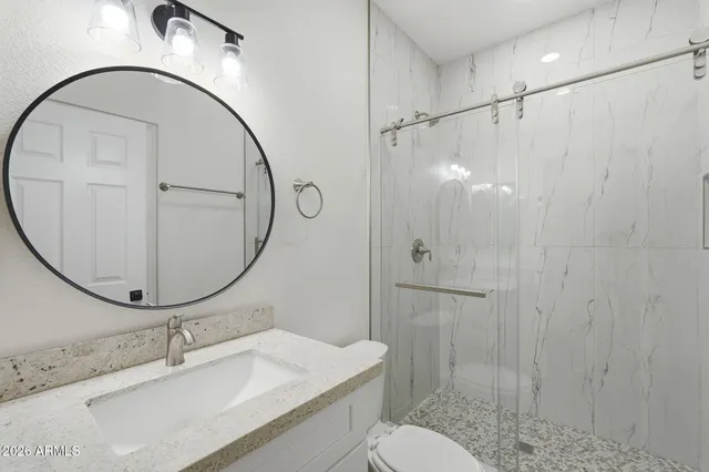 a bathroom with a sink a toilet and a mirror