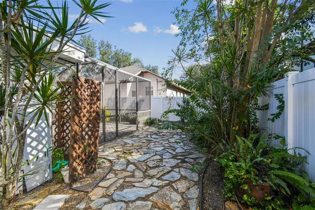 a view of a yard with plants and large trees