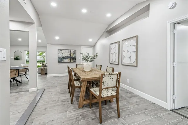 a view of a dining room with furniture