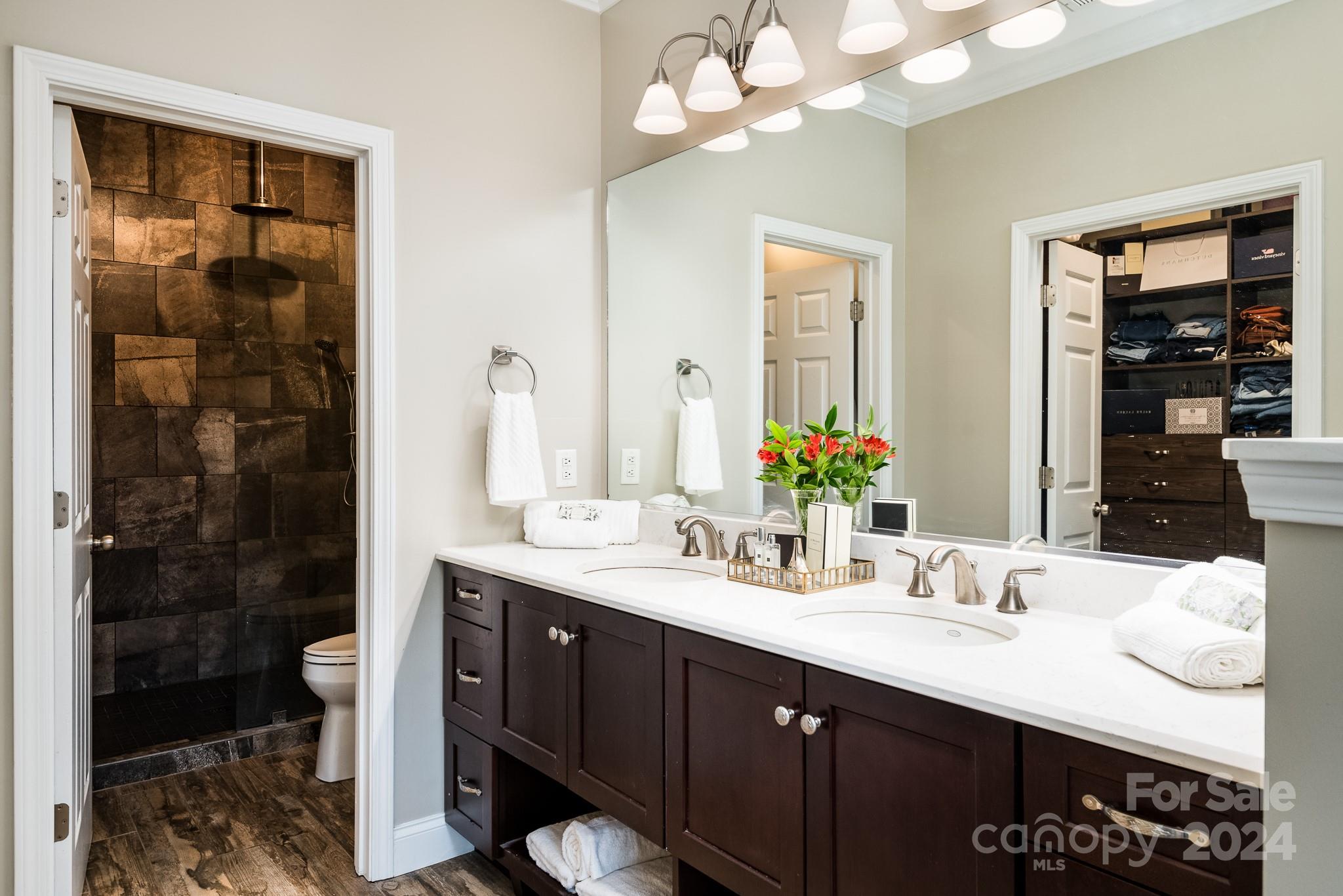 860 Jetton Street, Unit 64 Davidson, NC 28036 - Photo 19 of 33 a bathroom with a sink a toilet and a large mirror