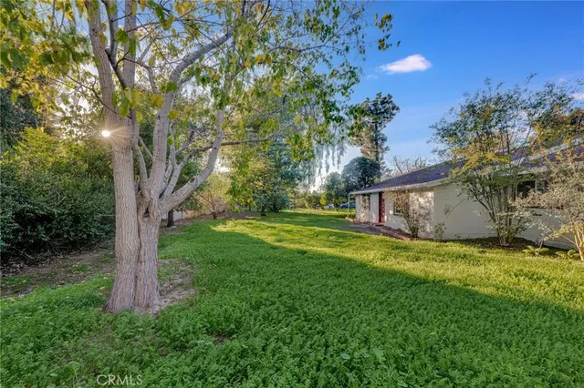 a view of a garden with a house in the background