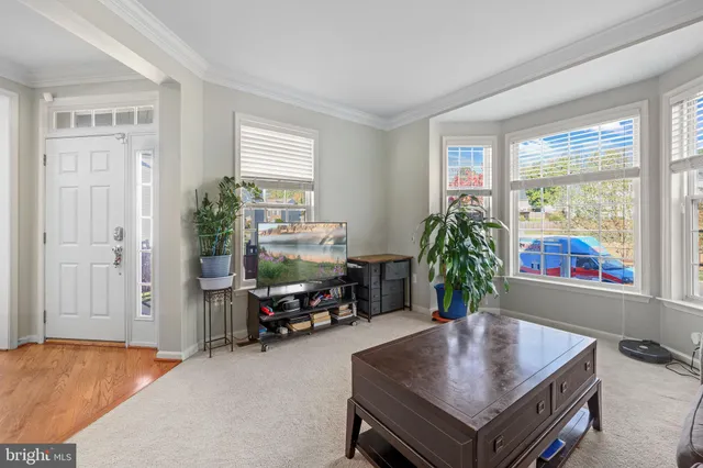 a dining room with furniture potted plants and wooden floor
