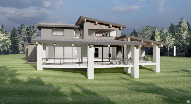 3923 East Harris Way Heber City, UT 84036 - Photo 2 of 12 Contemporary architectural design featuring a multi-level structure with a covered deck and prominent support columns