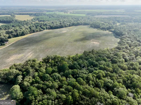 an aerial view of valley and lake