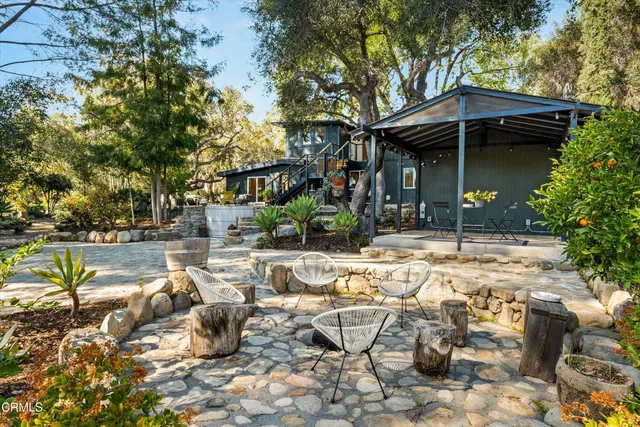 a view of a backyard with plants and a bench