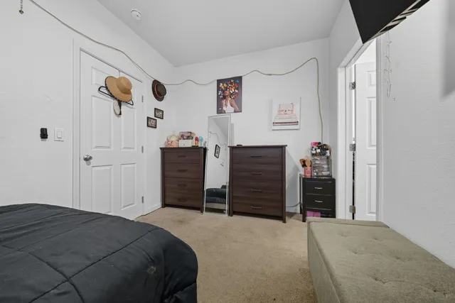 a bedroom with a bed and a closet