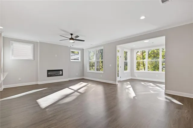 a view of a room with a large window