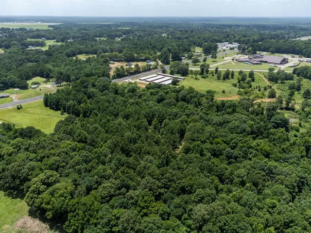 an aerial view of residential houses with outdoor space and trees