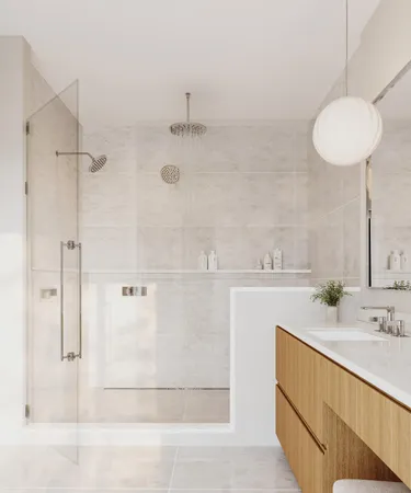 a bathroom with a double vanity sink a mirror and a shower