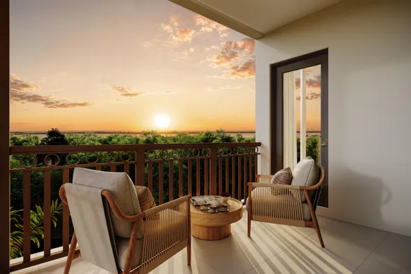 a balcony with furniture and city view