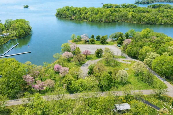 a view of a lake with a park