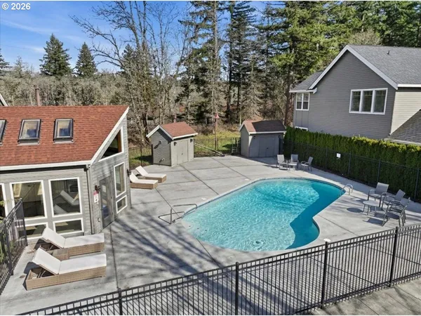 an aerial view of a swimming pool