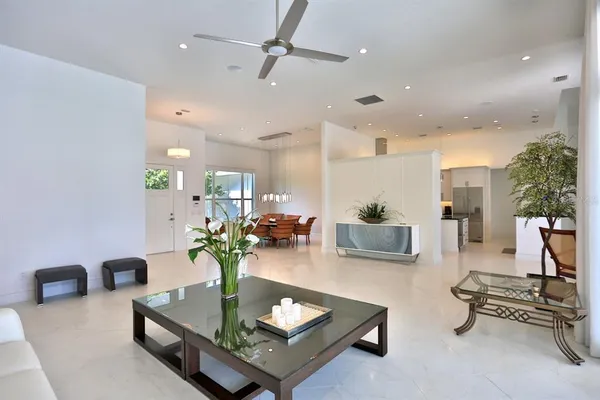 a living room with furniture potted plant and a chandelier
