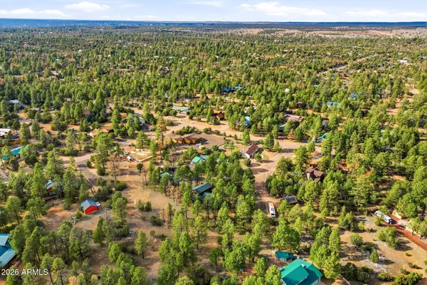 an aerial view of residential houses with outdoor space and trees
