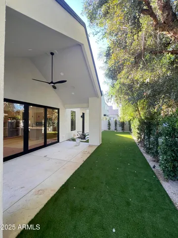a view of a porch with a backyard