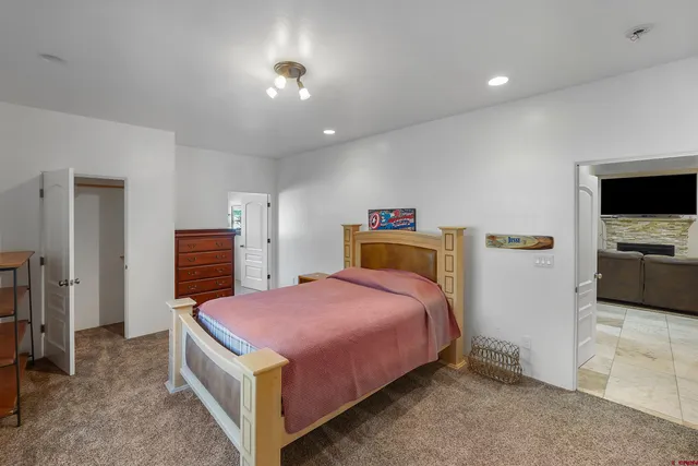 a bedroom with a bed and a television