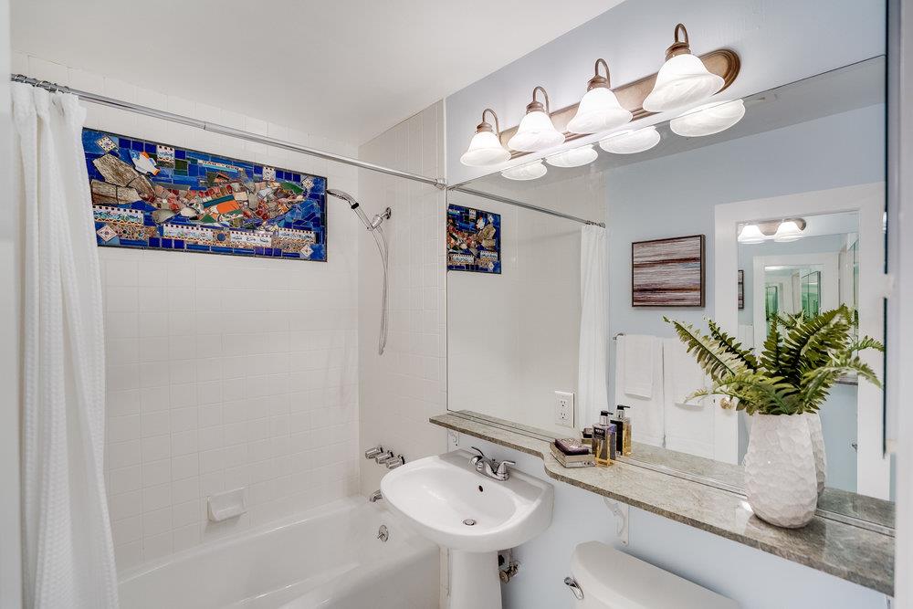 1067 Rio Vista Drive Pacifica, CA 94044 - Photo 18 of 43 a bathroom with a sink a mirror and a potted plant