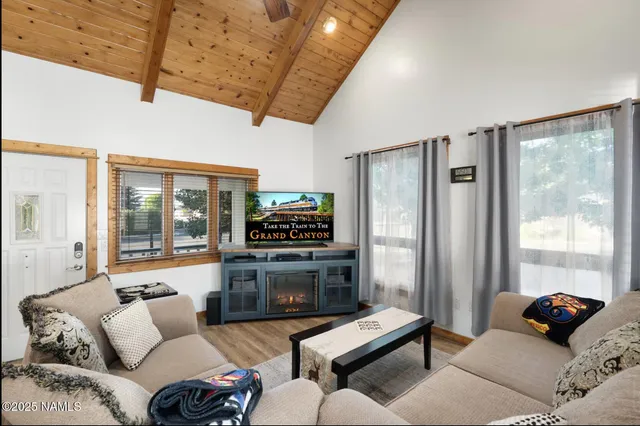 a living room with furniture a flat screen tv and a fireplace