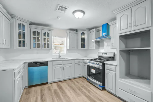 a kitchen with stainless steel appliances granite countertop a stove and a sink