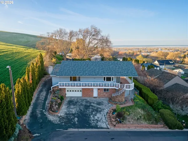 an aerial view of a house with a garden