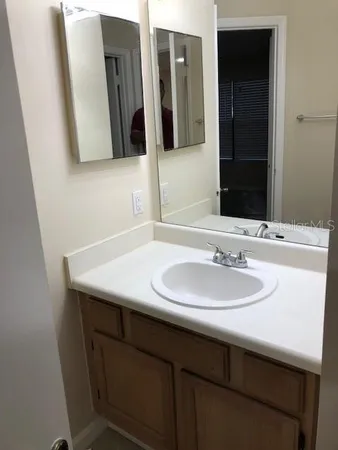 a bathroom with a sink and a mirror