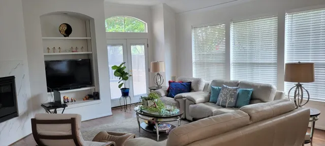 a living room with furniture and a potted plant